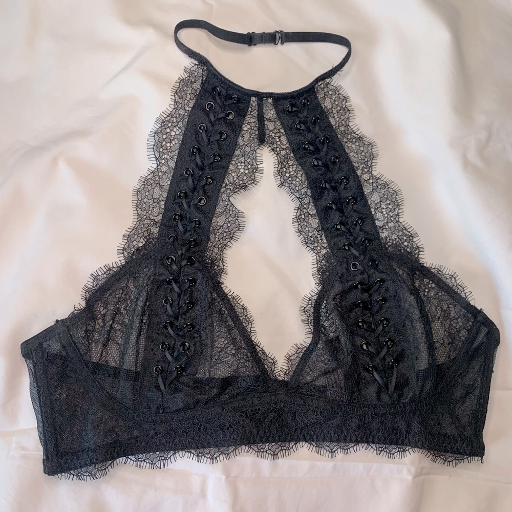 Very Sexy Black Corset style Grommet Lace High neck Unlined Bralette